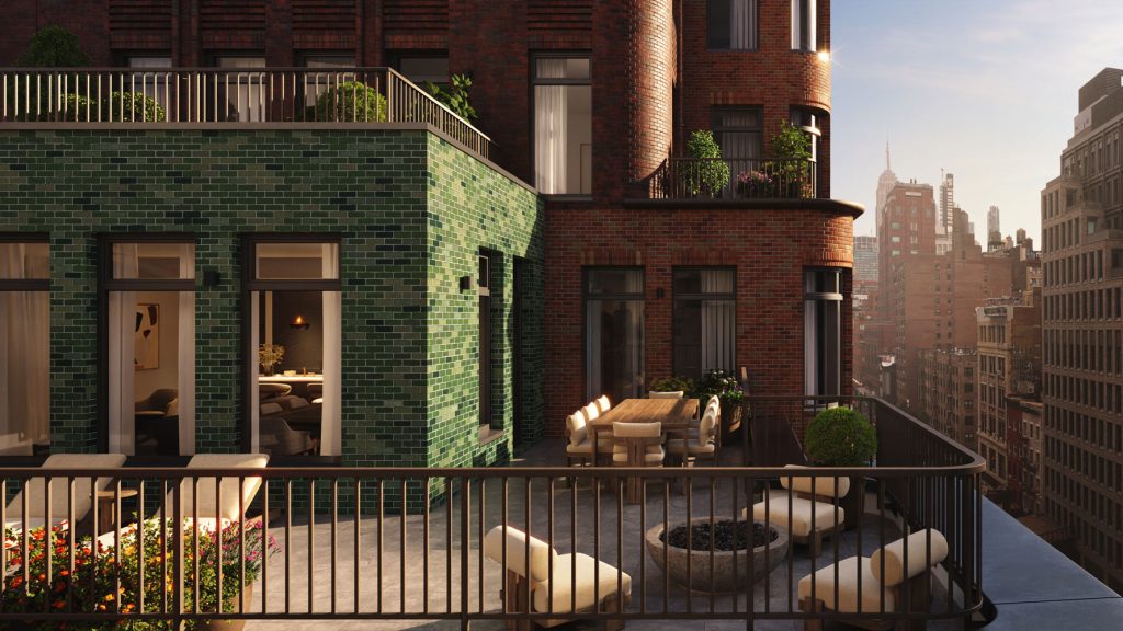 Birdseye view of a private terrace attached to a luxury condo for sale at The Village West in New York City.