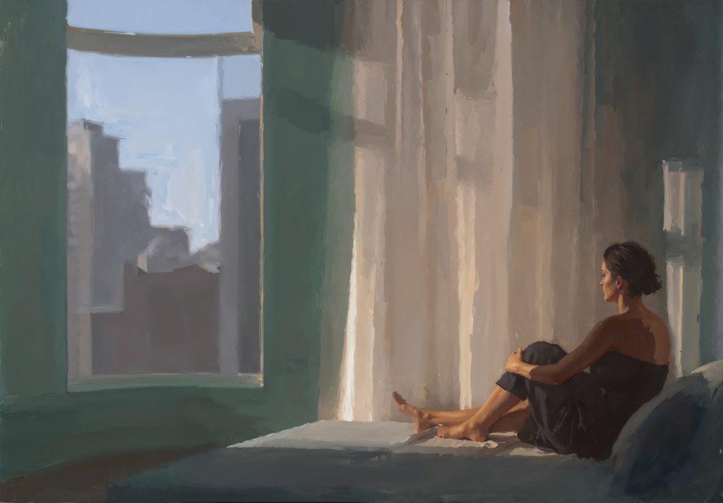 Painted rendering of a bedroom at The Village West NYC with a woman sitting on the bed looking out her window.