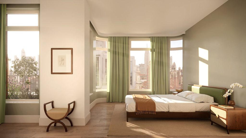 New York condo master bedroom at The Village West with floor to ceiling windows, hardwood floors, and city views.