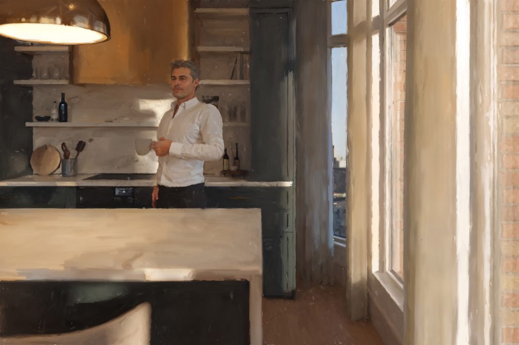 Painted rendering of a man holding a coffee cup in the kitchen of his new West Village condominium near Manhattan.