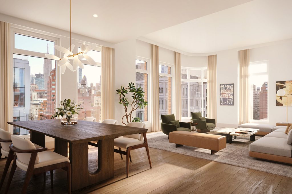 Living room at The Village West condos NYC with open floor plan, hardwood floors, & floor-to-ceiling windows with city views.