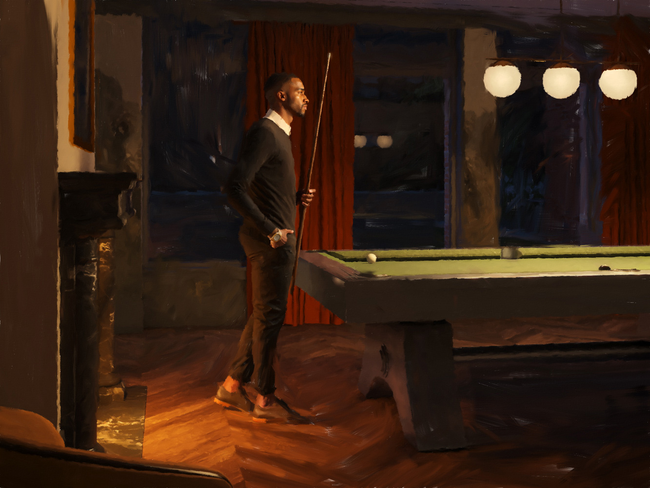 Rendering of a man holding a pool cue standing at the end of the pool table in the game room at The Village West condos.