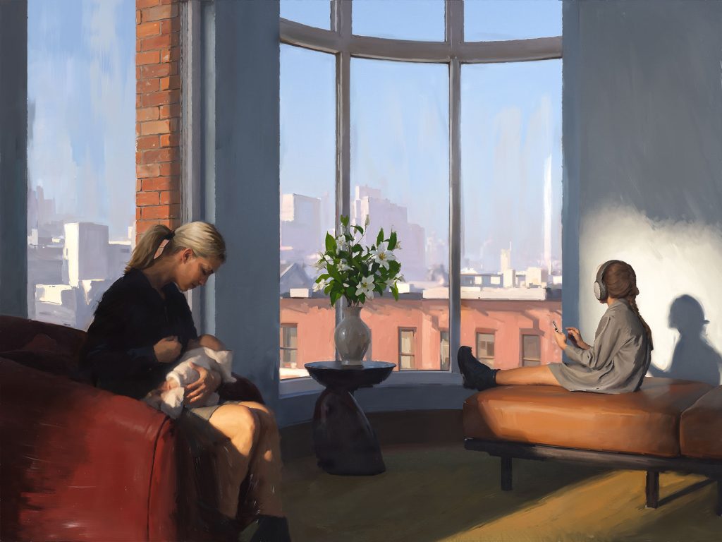 Painted rendering of a mom sitting with her two children looking out the window of their New York condo at The Village West.