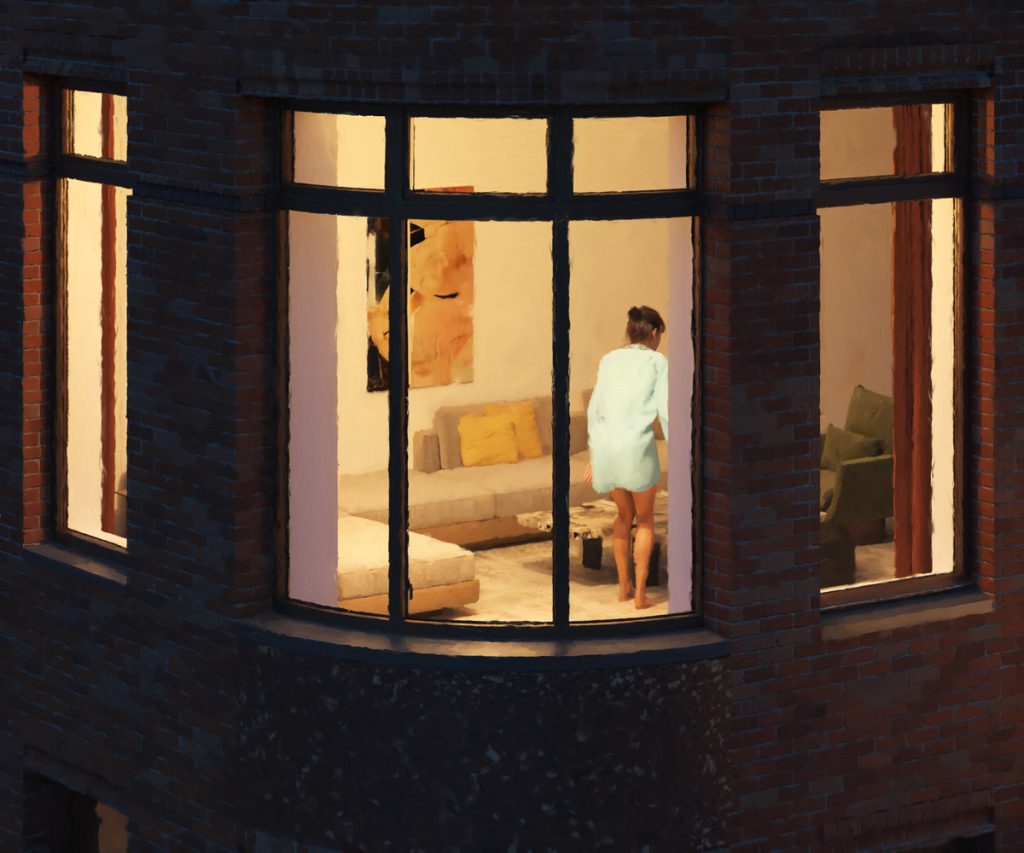 Painted rendering of The Village West from a birdseye view showing the brick exterior and condominium living room.